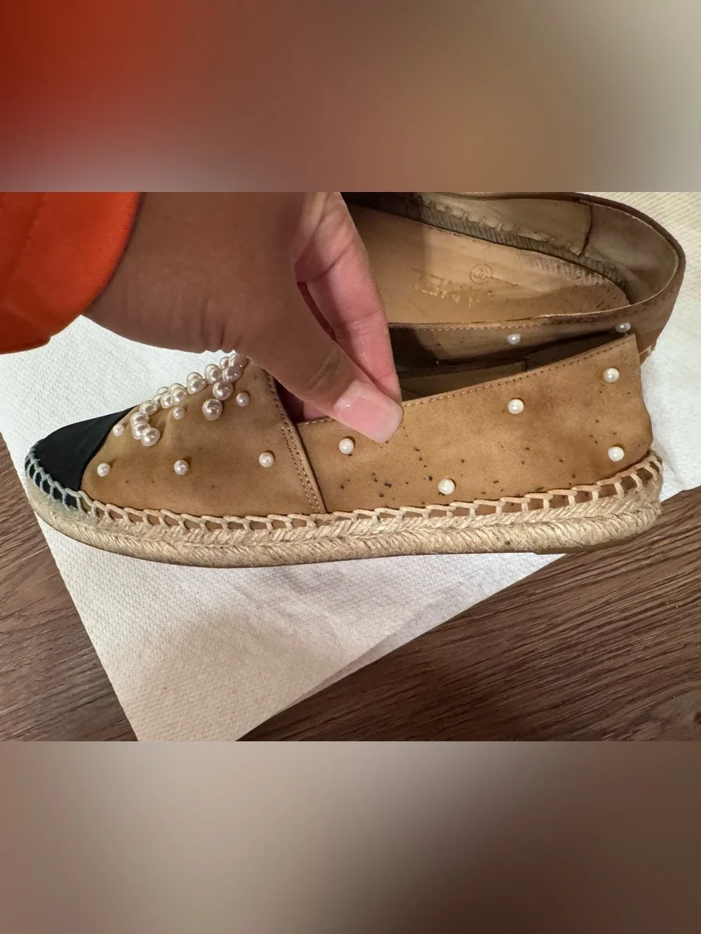 AUTHENTIC CHANEL Tan Suede Pearl-Embellished Flats